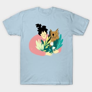 Girl hugging dog and florals T-Shirt